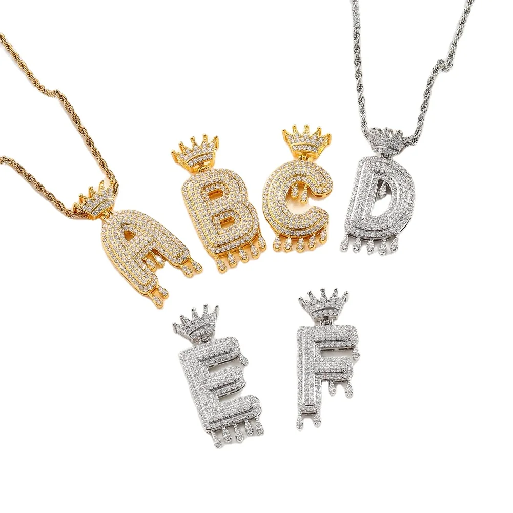 

Iced Out Pave A-Z Crown Drip Letter Hip Hop CZ Jewelry Shiny Zircon Copper Pendant Stainless Steel Rope Chain Initial Necklace, Golden sliver