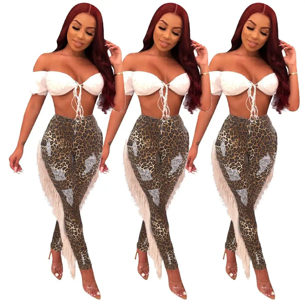 Sexy fringe leopard colombianos jeans pants women 2019 denim with hole