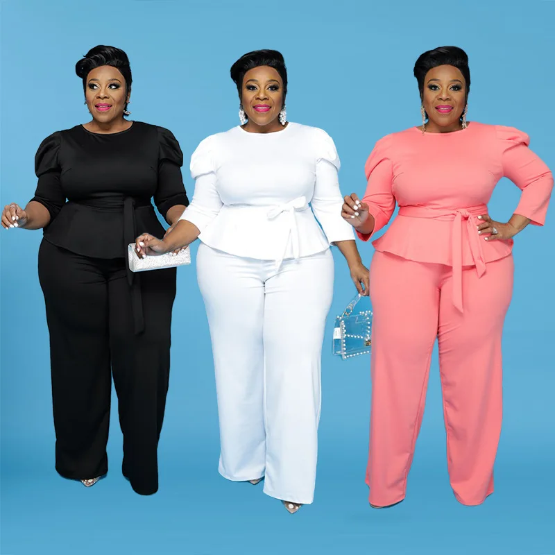 

Puff sleeve t-shirt top trousers two-piece solid color wide-leg pants office wear women's plus size two piece pants set formal