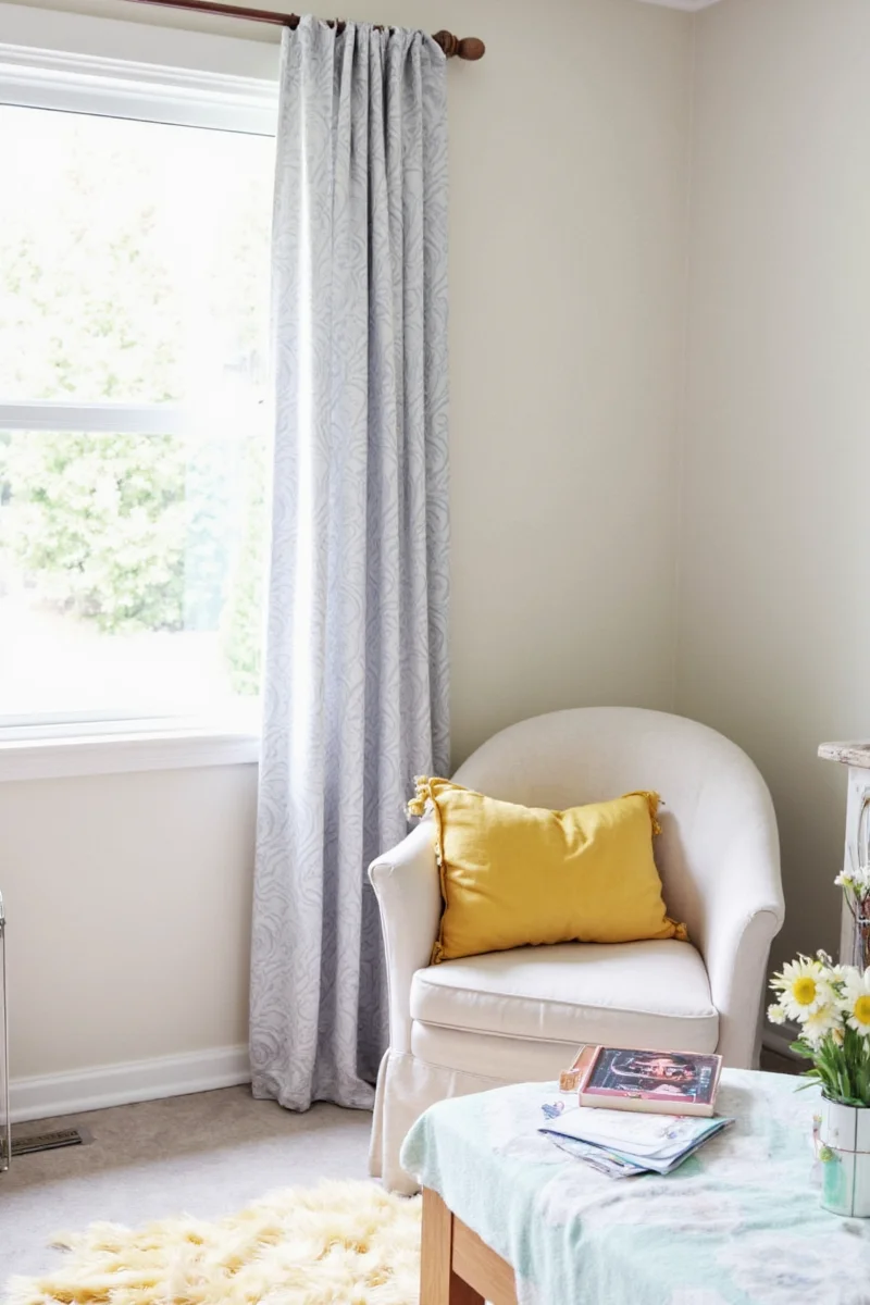 Curtains hung with command strips in a playful kids' room