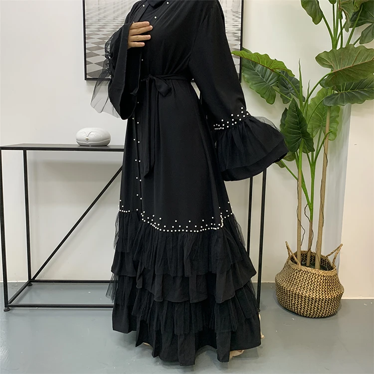 

Pearl Flare Sleeve Layer Ayaba Luxury Women Long Dubai Dress Muslim Robe Open Abaya