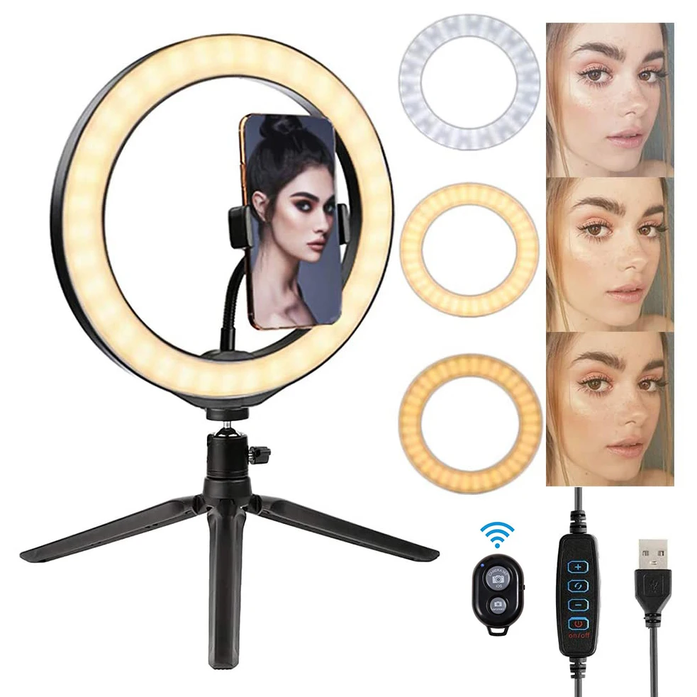 

10Inch 3 Modes 10 Brightness Levels 3000K-6000K Table Top 120Leds Ring Light with Tripod Stand and Phone Holder for Makeup Video