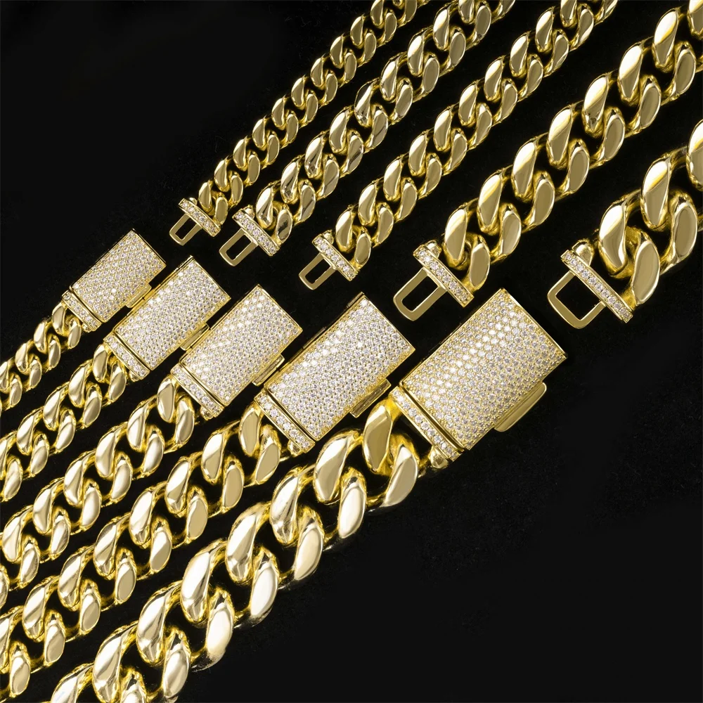 

Factory Wholesale Hiphop Rock Men Necklace 18K Gold Filled Plated Stainless Steel Moissnite Miami Cuban Link Chain
