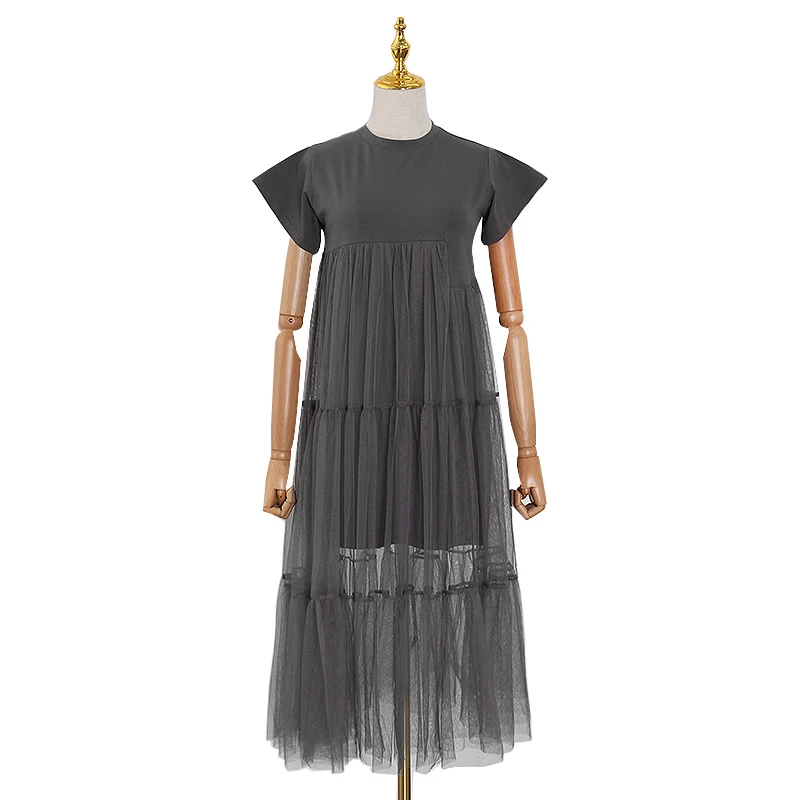 

CHICEVER Patchwork Mesh Perspective Women Casual Dresses Short Sleeve Mesh Dress 2020 Fashion New