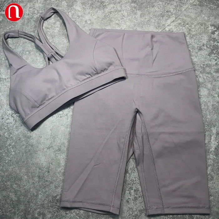 

Luluyun Womens fitness yoga clothing racer back 80%nylon 20% spandex seamless shorts sports bra and short set, Multi