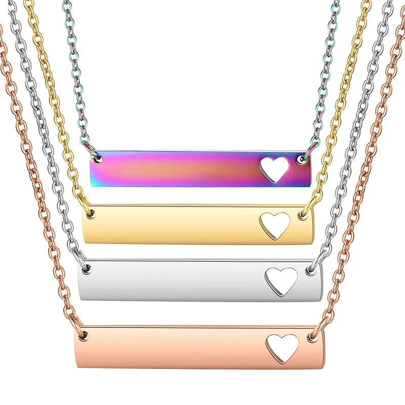 

DIY Custom Engrave Name Logo Stainless Steel Hollow Heart Long Blank Bar Pendant Necklace, Gold,silver,rose gold