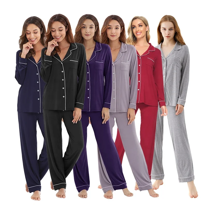 

Long Sleeve Button Down Soft Pj Sleepwear Nightwear Lounge Loungewear Bamboo Pajamas Set Pijamas Woman, Picture shows