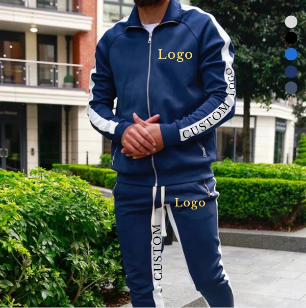 

Wholesale custom logo men's sweatsuit with side striped cardigan zipper sportswear mens tracksuit, Picture shows