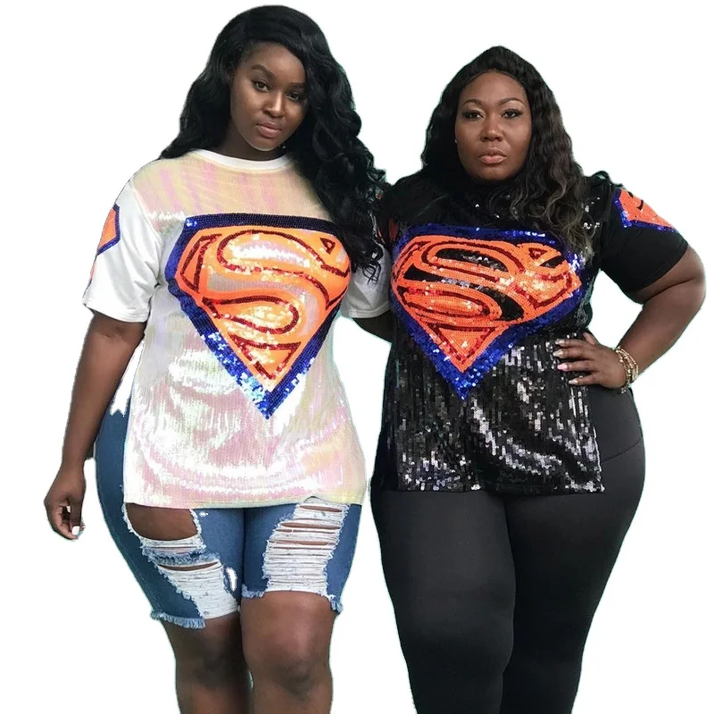 

WL0029C cartoon Bead slice Sequins Shining sparkling S letter logo plus size Tshirt Fashion street plus size T shirt For Women