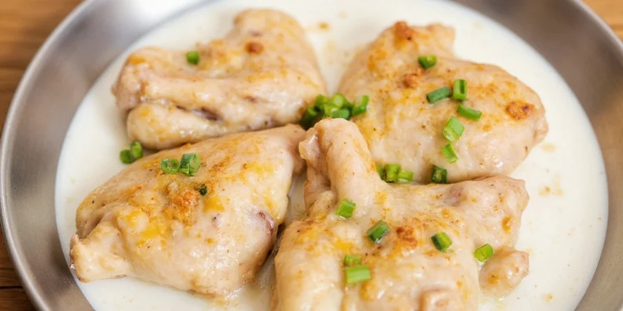 Chicken pieces marinating in buttermilk in a bowl.