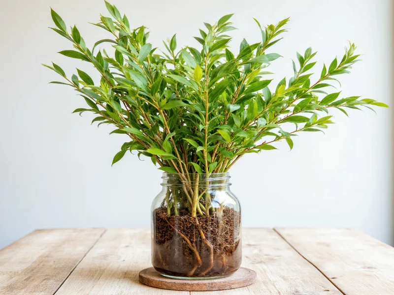 Willow twigs steeping in glass jar for rooting hormone