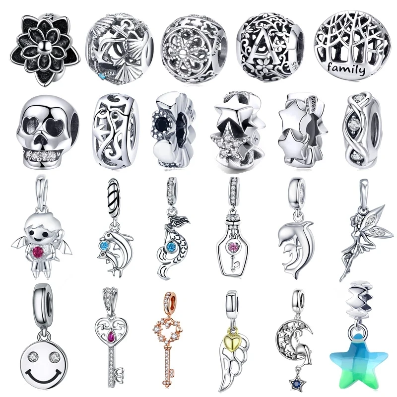 

fit Europe Bracelet Silver 925 Original Smile Face Dolphin Key Starfish Boy Charms Flower Tree Wng Beads for Jewelry Making