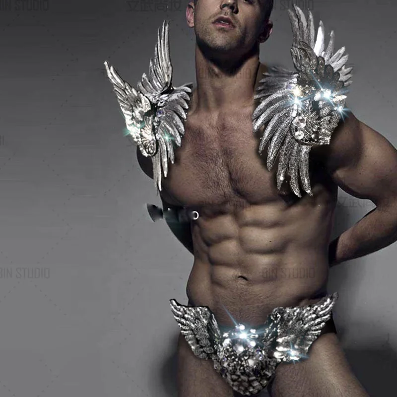 Sexy men catwalk model costume Sequin Angel Shoulder Piece Dancer Stage Show Celebrity Runway Burning Man Outfit Birthday Party