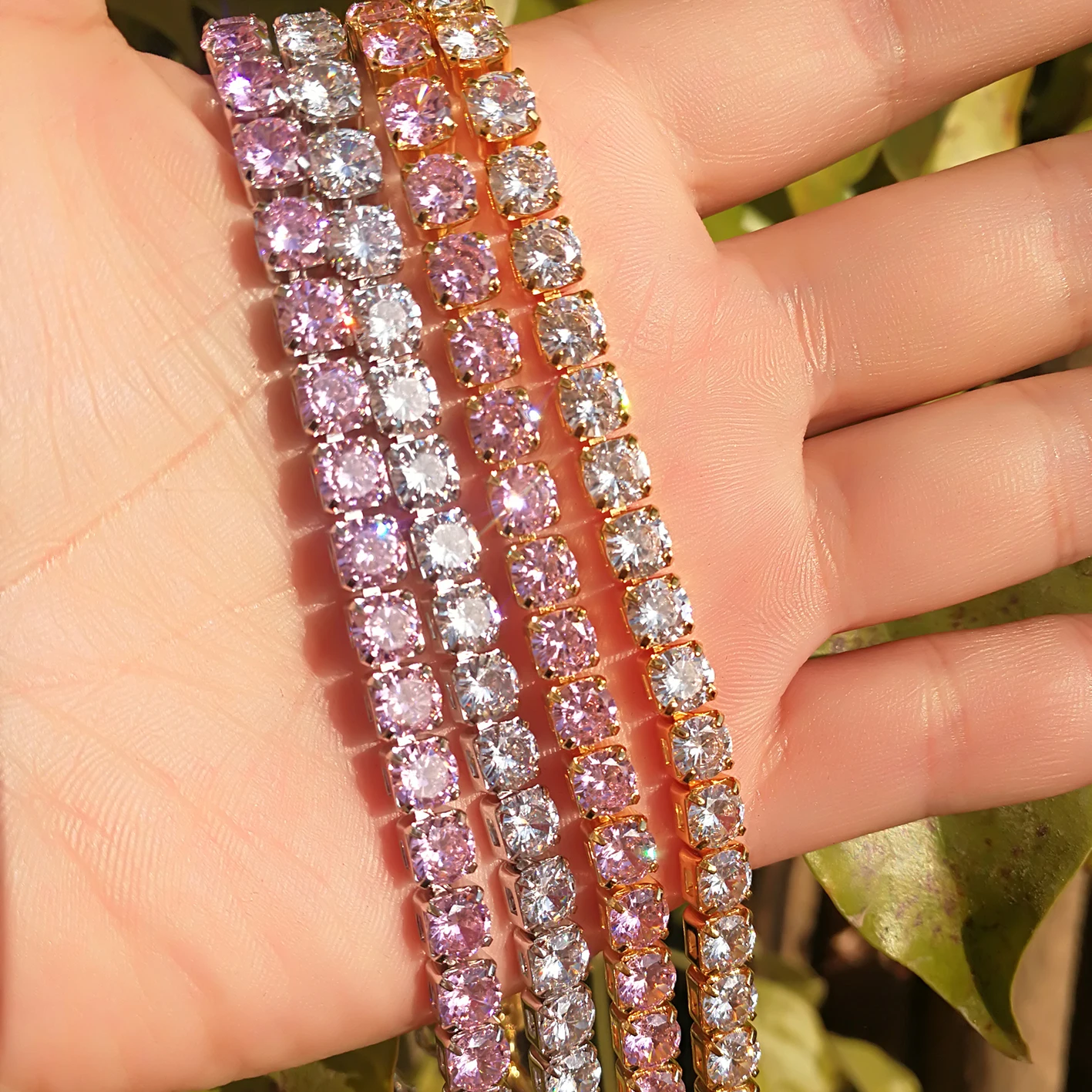 3mm and 5mm pink color stone diamond tennis chain necklace for women 2019