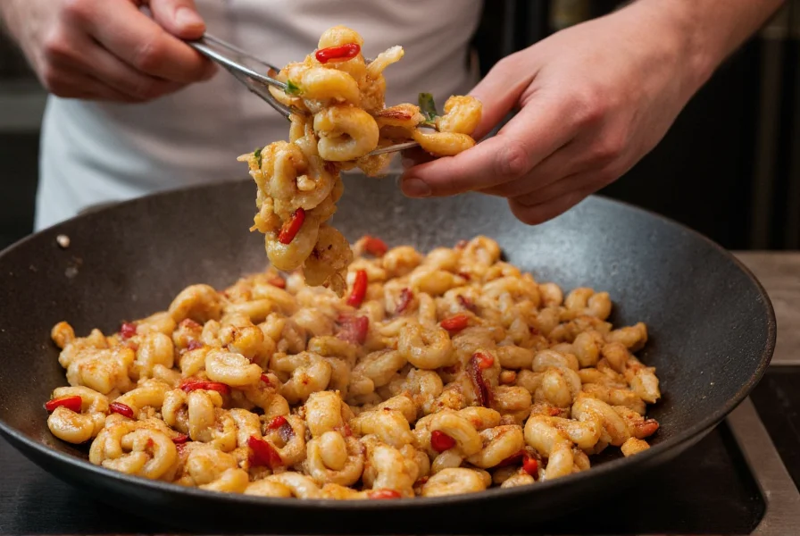 Chef tossing salt and pepper squid in wok with visible garlic and chili, vibrant restaurant-style presentation