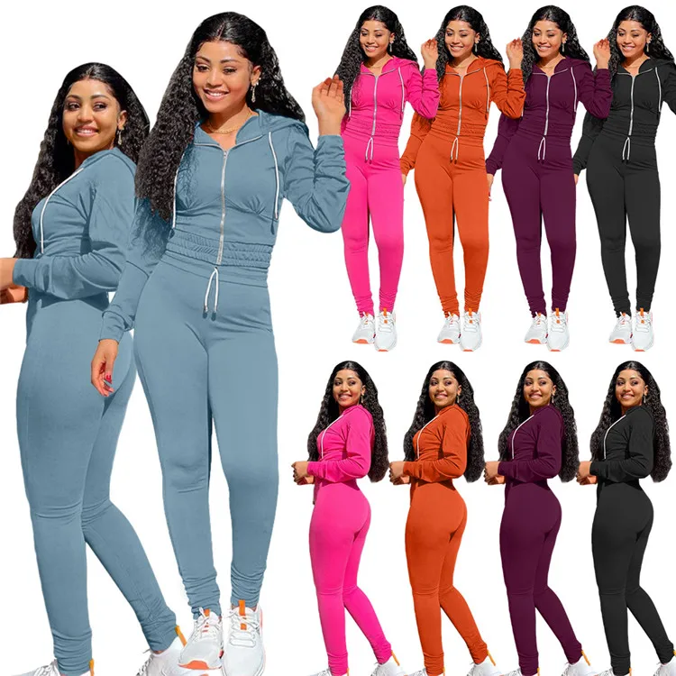 

EB-20100610 New Arrival Ladies Outfits Long Sleeve Zipper Tops Autumn Women Sweatsuit Two Piece Set