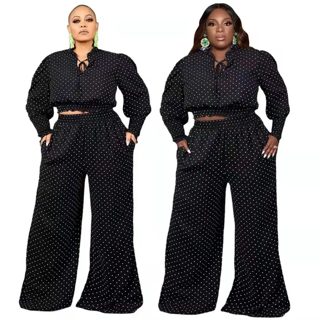 

New Product Fall Clothes Polka Dot Puff Sleeve Top High Waisted Wide Leg Pants Set Plus Size Clothing For Women