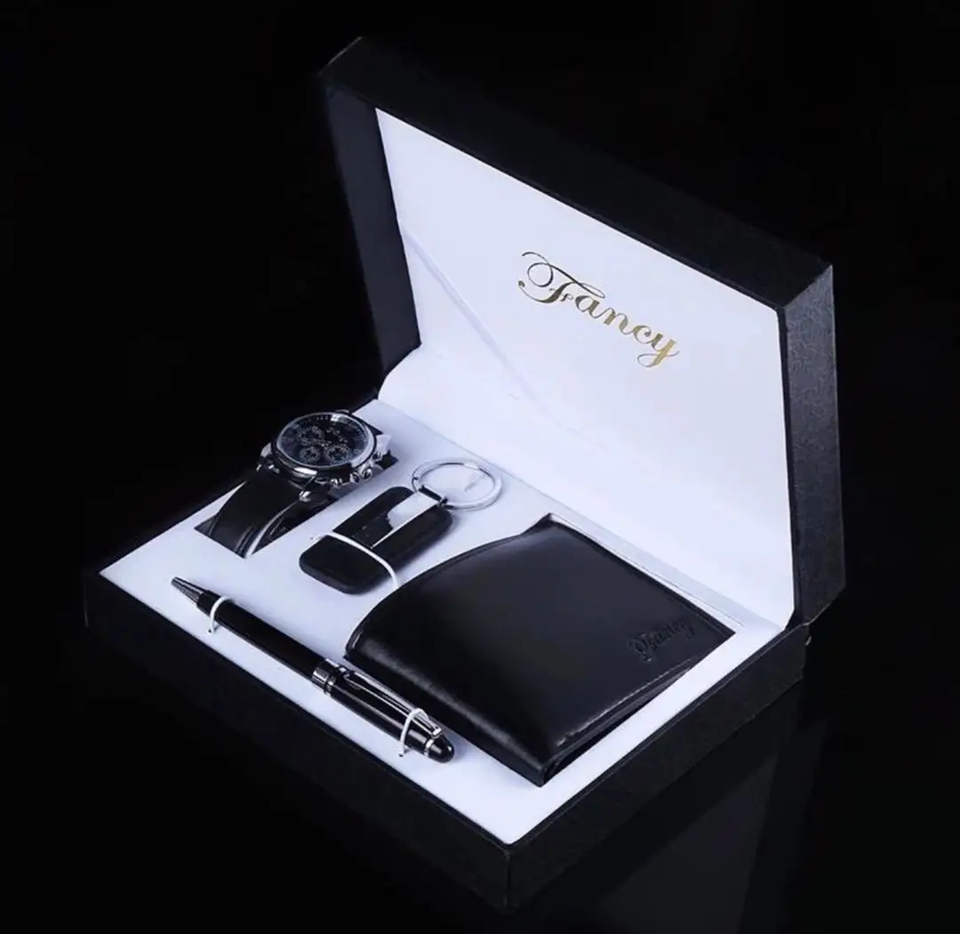 

2021 New Men's Gift Set Packed Watch 4pcs set include wallet quartz watch pen and key chain Best gift for Christmas