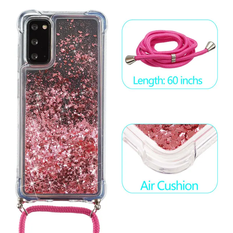 
Quicksand Air Cushion Shockproof Anti-Fingerprint Soft TPU with Lanyard and Card Slot Back Cover Case for Samsung Galaxy S20 