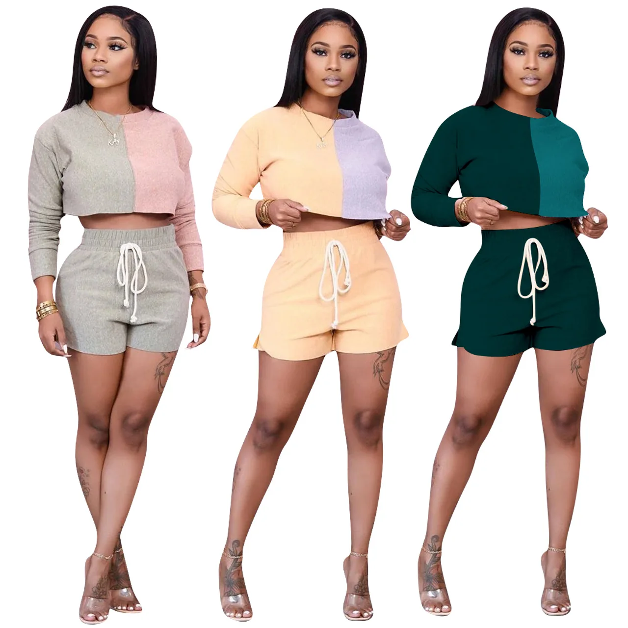 

women 2 piece outfit long sleeve drawstring backless crop top+biker shorts matching set fitness sporty streetwear bodycon, Customized