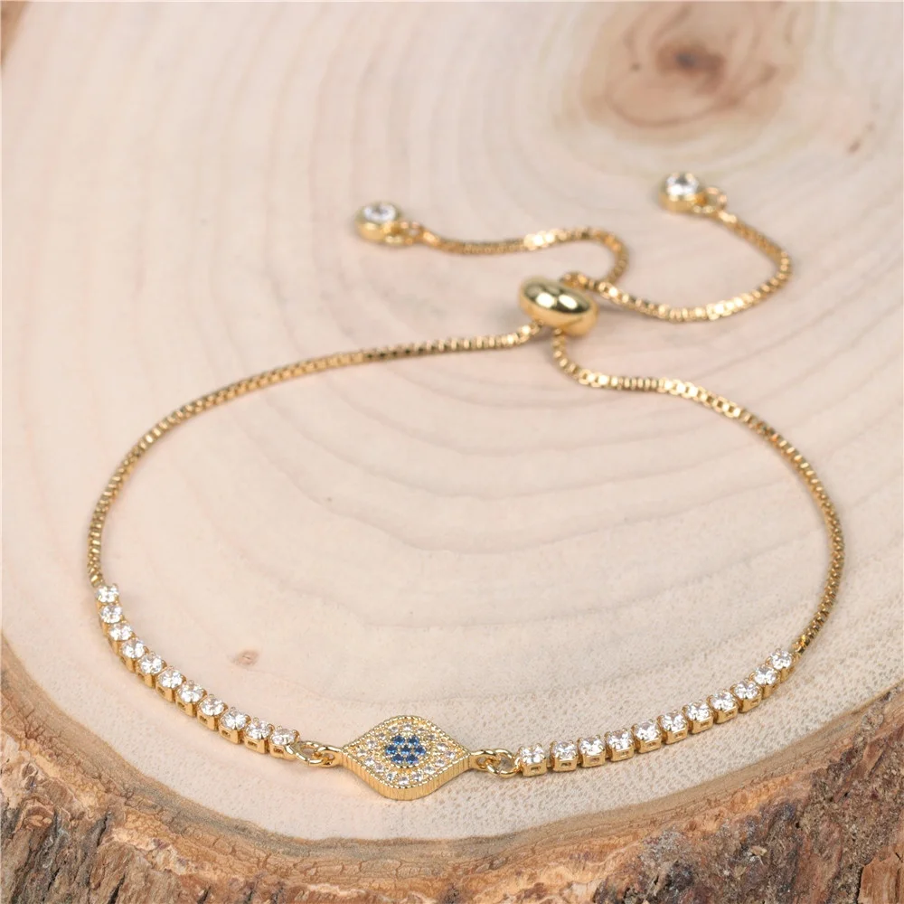 

2021 Latest women jewelry brass 18K gold plated fashion blue evil eye full diamond adjustable bracelets, As the pic show