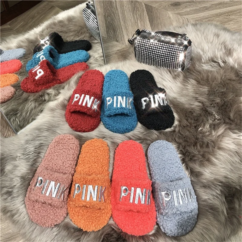 

Fashion Indoor And Outdoor Plush Sheepskin Slippers Colorful Home Shoes Plush Indoor Animal Soft Fur Slippers For Women, Red / black / blue / gray / pink / orange / rose