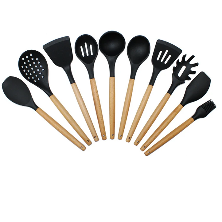 

10 PCS Food Grade Customized Design Silicone Wooden Handle Kitchen Accessories Kitchenware Spatula Cooking Tools Utensils Set