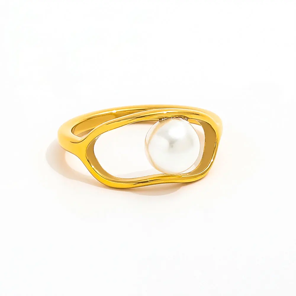 High End Trendy Stainless Steel Fine 18K Gold Plated Single Imitation Pearl Stylish Double-layer Ring for Gifts
