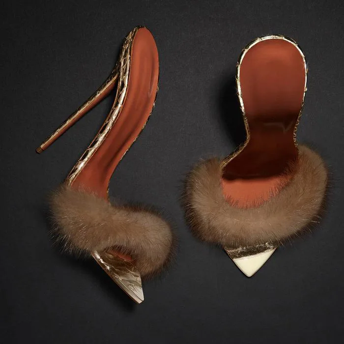 

Hoslasen Chengdu Shoe Manufacturer Metallic Python Mink Fur High Heel Shoes Women 2020 fur sandals, Gold/