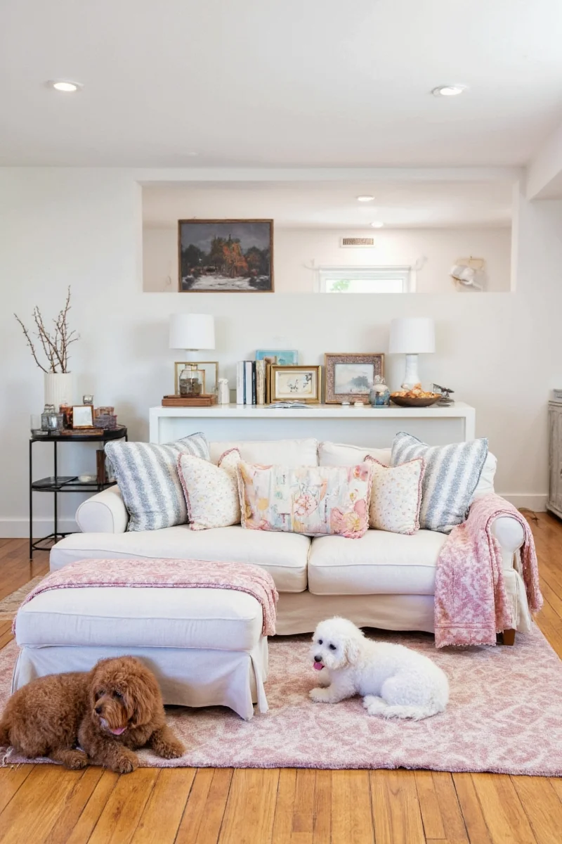 A cozy living room with a dog on a couch covered in a stylish beige pet slipcover. The slipcover blends seamlessly into the home decor.