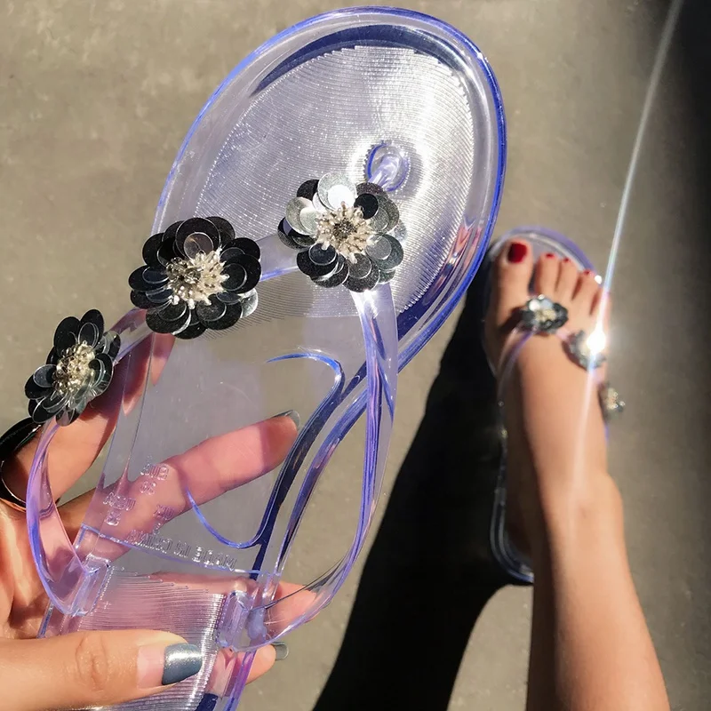 

Transparent Jelly Color Clear PVC Indoor Outdoor Slippers Fashion Flip Flops Flat Rhinestone Sandal Slides Pearl Flower Slippers, Black pink transparent