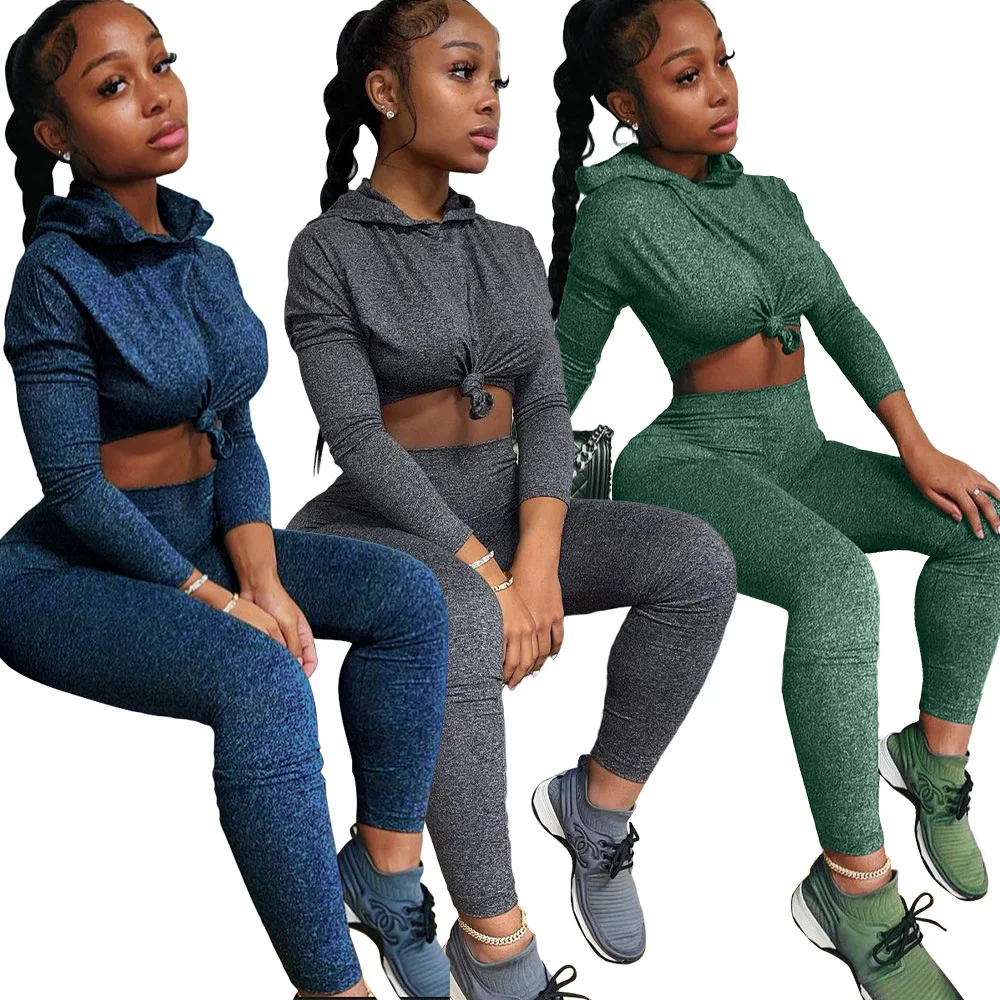 

Fall 2021 women clothes Women Sports Outfits Hooded Neck Long Sleeves Solid Tops Skinny Pencil Pants Nightclub Party Yoga 2PCS, Picture color