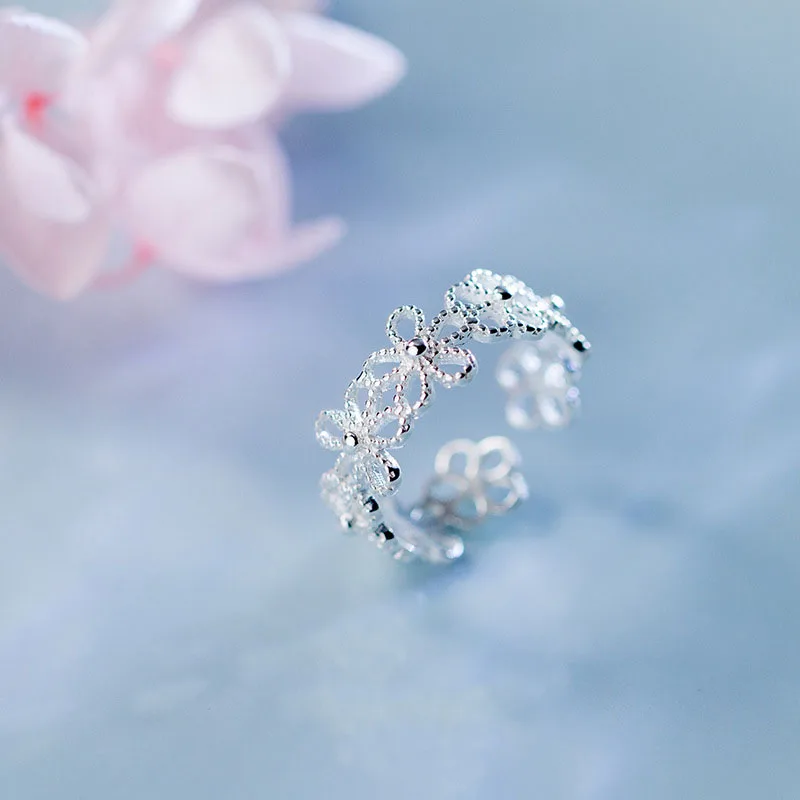 

Fashion Stylish Elegant 925 Sterling Silver Sweet Flower Ringent Finger Resizable Ring S925 Jewelry Women J4956