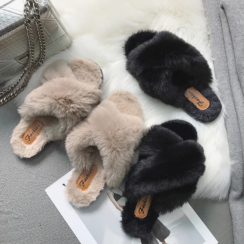 

2020 Fashion Winter Faux Fur Slippers for Women Home Indoor Fluffy Fuzzy Cross Fur Slides
