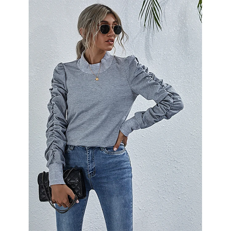 

2021 Women Blouse With Vintage Ruffles Lantern Sleeve Regular Casual Loose Mock Turtleneck Tops Gray Color