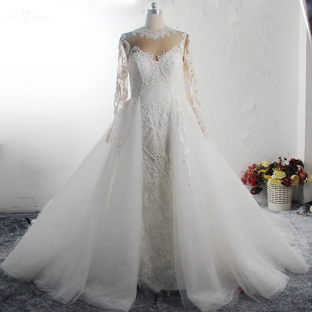 

RSW1578 2 In 1 Detachable Train African Illusion Back Long Sleeves Vestidos De Novia 2019 Luxury Wedding Dress Bridal Gowns, Customer made