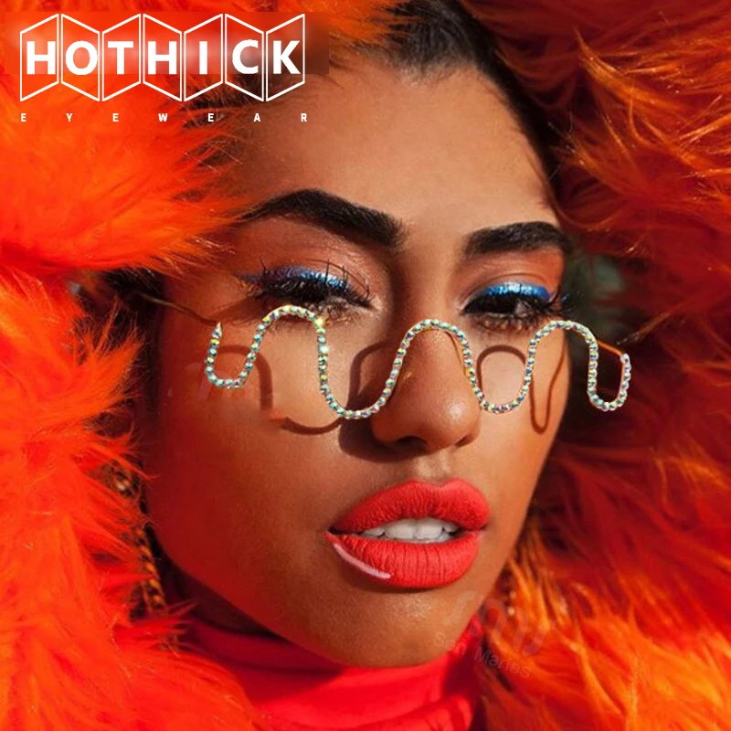 

Women Female Metal Fashion Eyewear Rhinestone Decorated Half Frame Lensless Sun Glasses No Lens Sunglasses