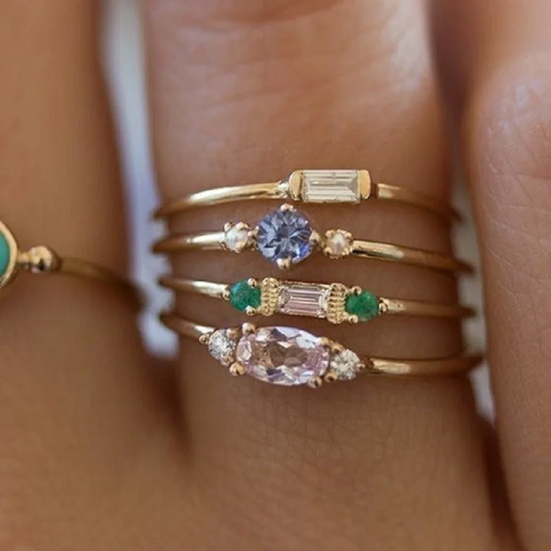 

4 Pcs set Crystal Zircon Gold Ring Set Vintage Bohemian Women Engagement Ring