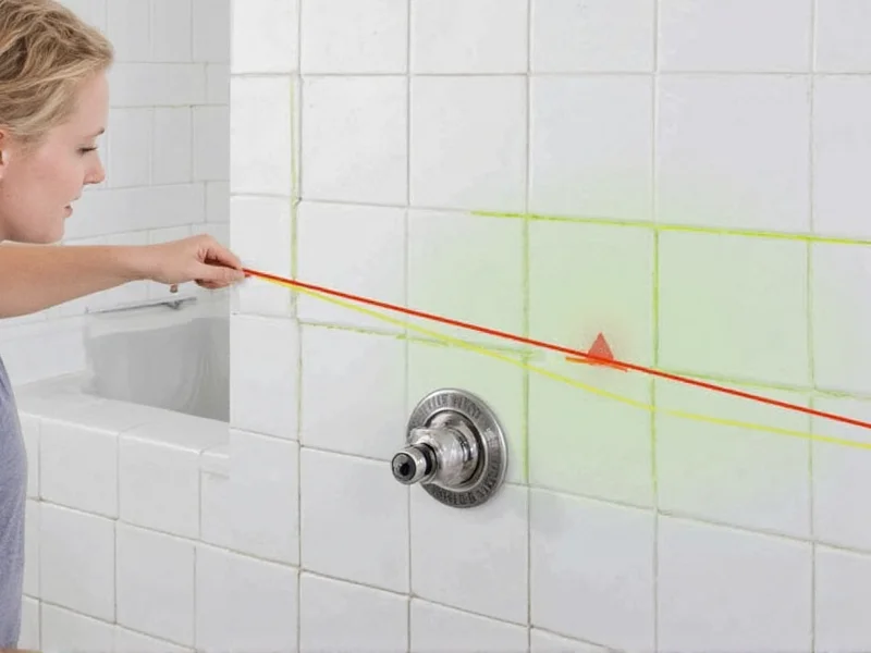 Laser level showing tile layout lines on shower wall