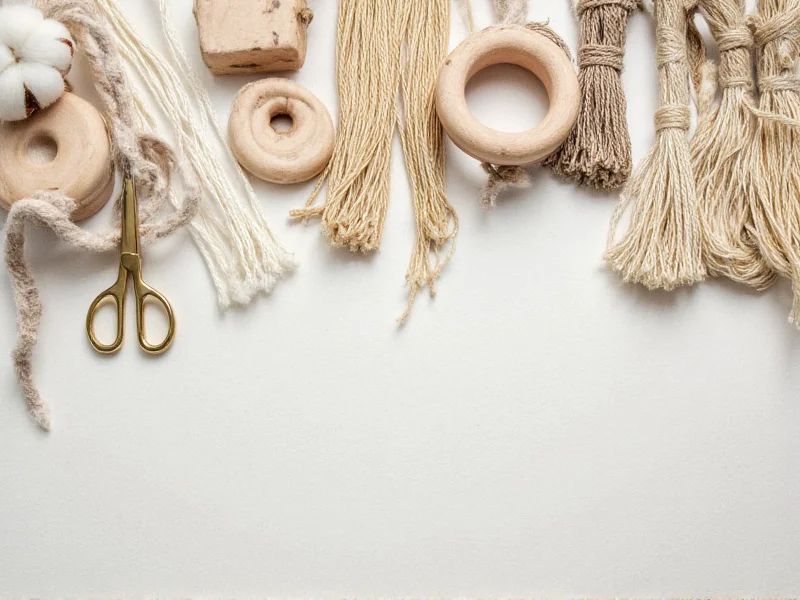 Natural cotton cords arranged with wooden ring and scissors