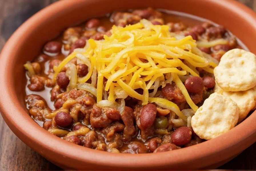 Cincinnati chili served over spaghetti with cheese, onions, and beans in a traditional bowl with oyster crackers on the side