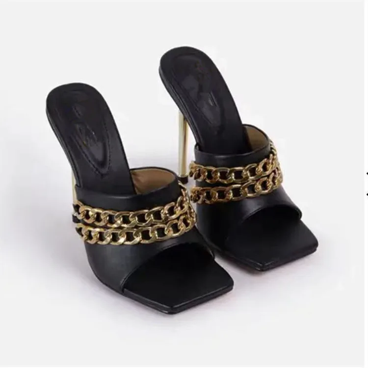 

2021 European and American new large square head metal chain high heels, Picture