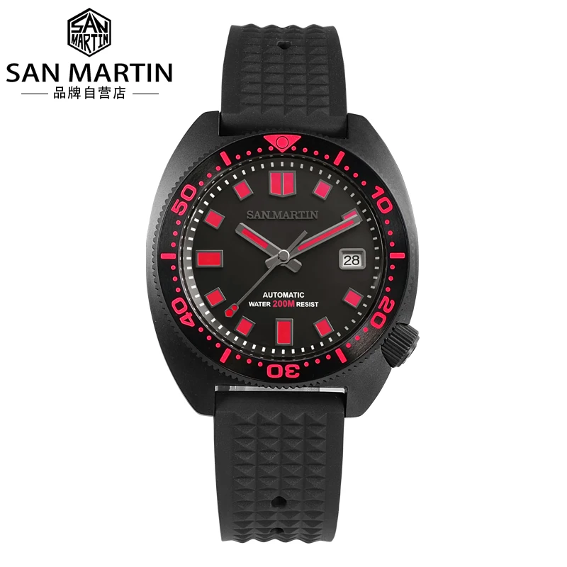 

Free ship san martin sport Japan NH35 20atm black plating 6105 red Luminous diver mechanical automatic watch man for sale