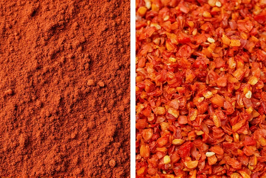 Close-up comparison of crushed red pepper showing fine powder and small flakes mixture versus uniform red pepper flakes