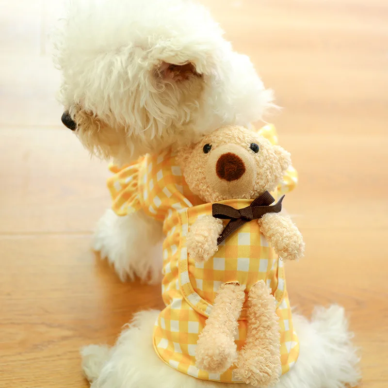 

New Summer Cute Pet Clothes Teddy Cat Back Strap Bear Plaid Shirt Puppy Clothes For Girl Wholesale, 3 colors
