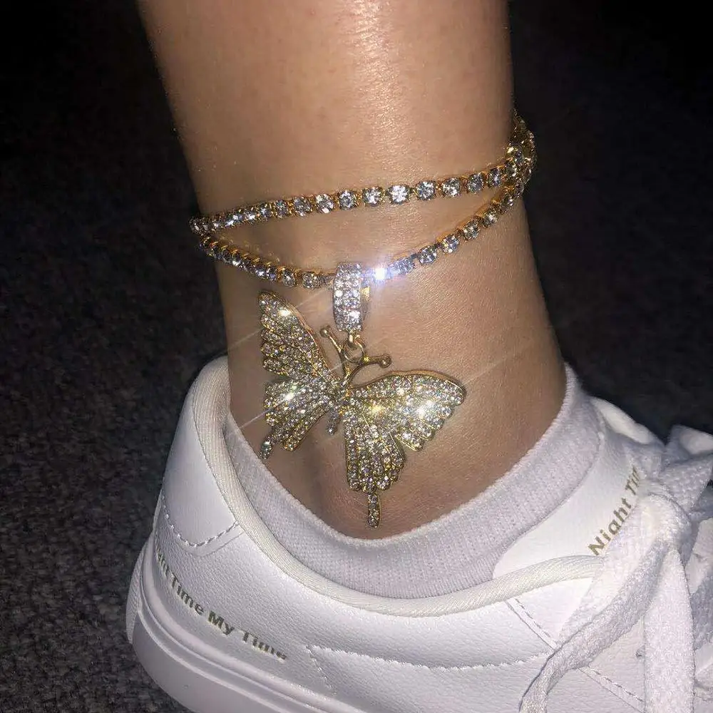 

Hip Hops Exaggerate Full Diamond Big Butterfly Pendants Ankle Bracelet Shiny Rhinestone Tennis Chain Animal Butterfly Anklets