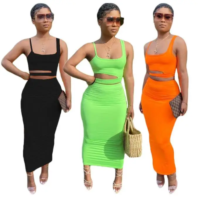 

2021 New Fashion Sexy Outfit Bodycon Casual Maxi Dresses Woman Clothing Summer women 2 piece skirt set two piece set, Picture color