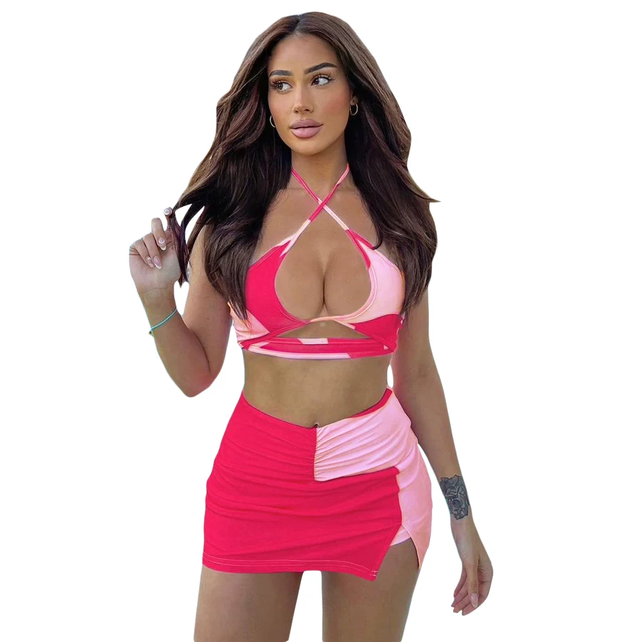 

K21S05096 Sexy Women Sweet Color Matching Two-Piece Set Cross Hollow Bandage Halterneck Top + Elastic Short Skirt Women Sets