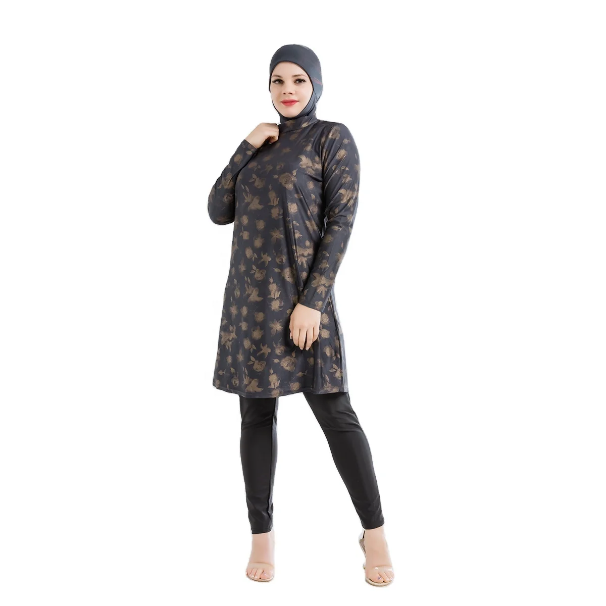 

MOTIVE FORCE Black Traditional Clothing Bronzing Pringting Islamic Swimsuit Long Sleeved Shirt Muslim Swimsuit For Woman