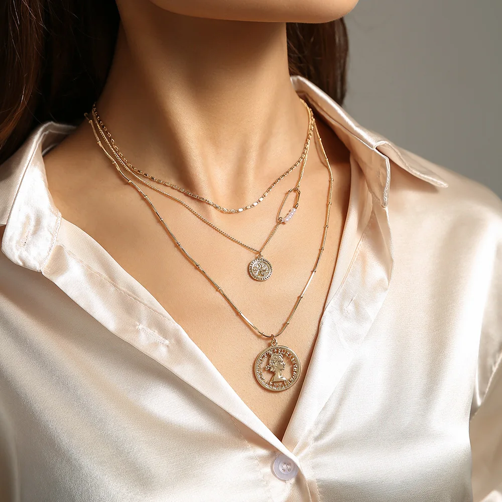 

2021 summer women necklace style fashion beauty head coin multi-layer personalized necklace, Picture